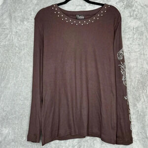 Cattlelac Ranch XXL 2X Shirt Top Brown Solid Sequins Round Neck Long Sleeve Knit